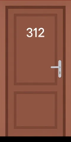 Hotel room door 312, closed and monitored