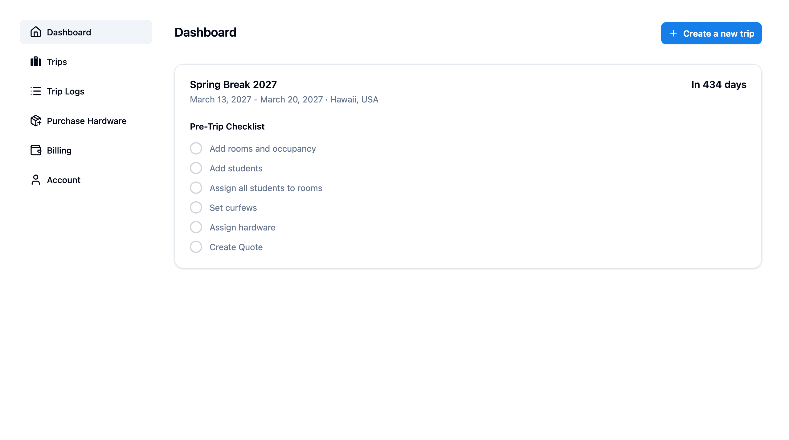 StayPut dashboard showing trip management